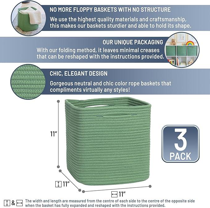 NaturalCozy Storage Cubes 11 Inch Cotton Rope Woven Baskets for Organizing, 3-Pack | Cube Storage Bin | Square Storage Baskets for Shelves Organizer, Classroom, Kids Toy Bins, Closet, Baby Nursery