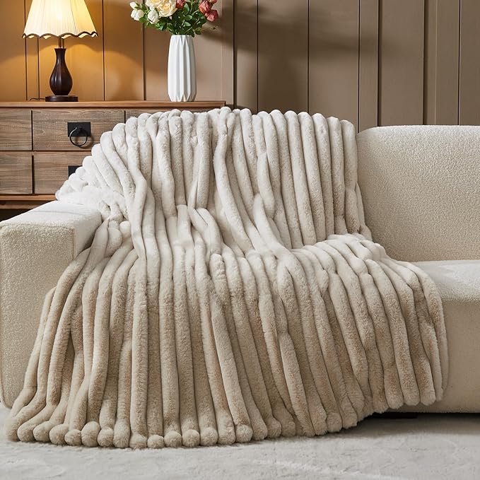 NEWCOSPLAY Faux Fur Throw Blanket Linen 3D Ribbed Plush Thick Warm Blanket for Couch Sofa Bed 850GSM (Linen Ribbed, Throw(50