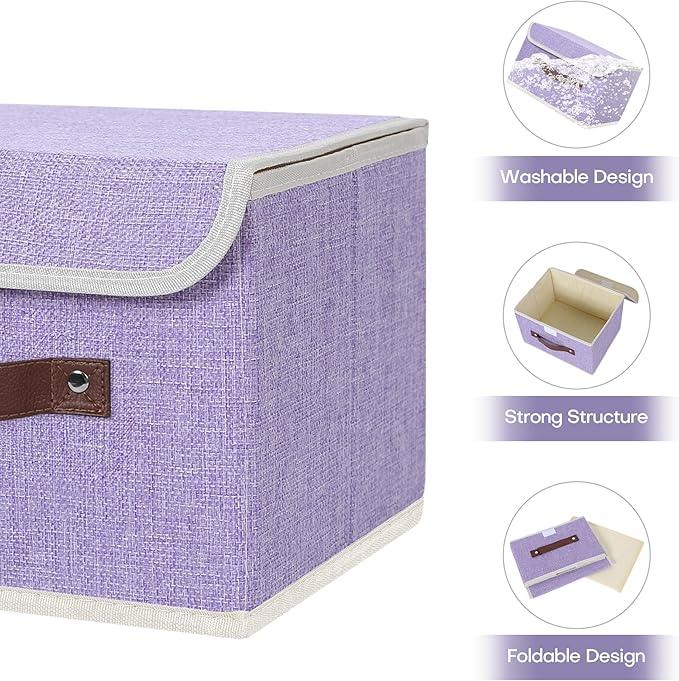 ANMINY 2PCS Storage Bins with Lid PU Leather Handles Storage Boxes PP Plastic Board Decorative Foldable Lidded Cotton Linen Fabric Home Cubes Baskets Closet Organizer Containers - Purple, Small Size