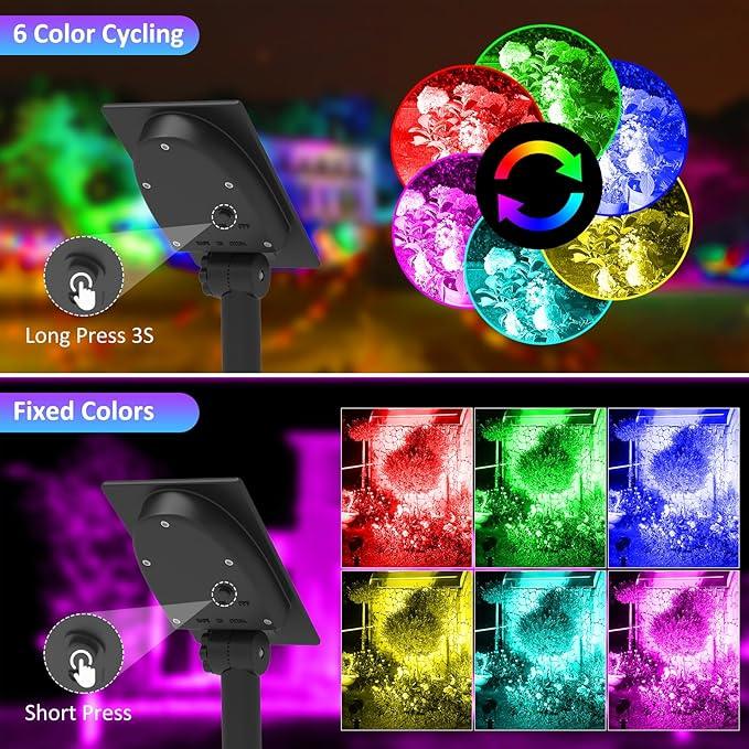 T-SUNUS Color Changing Solar Landscape Spotlights 2 Pack, IP65 Waterproof Lights 9.8ft Cable, Outdoor RGB Spot Light With Separated Panel for Yard Garden Driveway Porch Walkway Pool Patio
