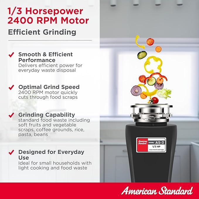 American Standard 10-US-AS-3 Garbage Disposal Anti-Jam Stainless Steel Food Waste Grinding System, Slim Line, 1/3 HP, Black