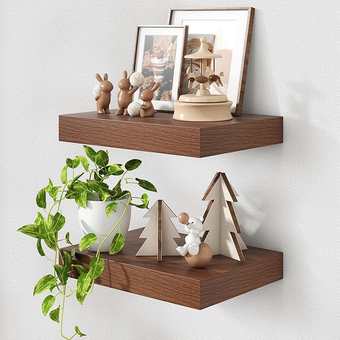 Deep Floating Shelves for Wall | 16 Inch Wide x 12 Inch Deep Floating Shelves Set of 2 | Rustic Walnut Wide Wall Shelves | Bookshelf Laundry Shelf TV Shelf