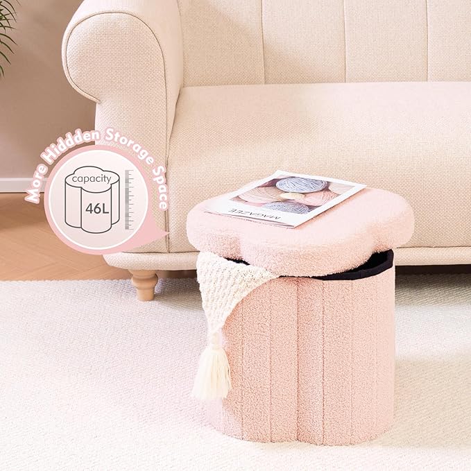 B FSOBEIIALEO Storage Ottoman Cube, Flowers Shaped Ottomans with Storage Foot Stool Footrest, Boucle Ottoman Seat for Dorm Room, Faux Teddy Fur, Pink 15