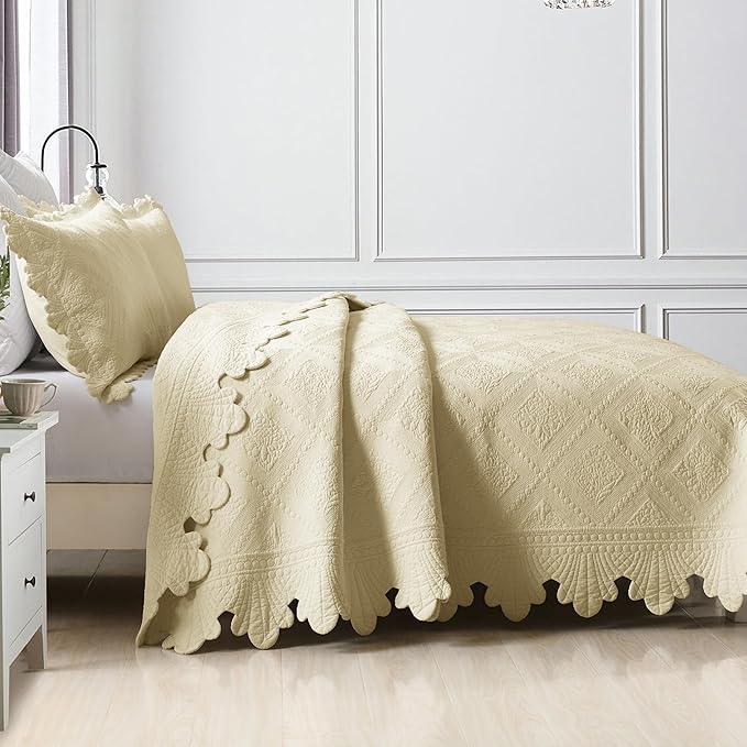 MarCielo 3-Piece 100% Cotton Oversized Bedspread Lightweight Quilt Coverlet Embroidery Farmhouse Bedding Set (Tk Beige Khaki, Oversized Queen (100