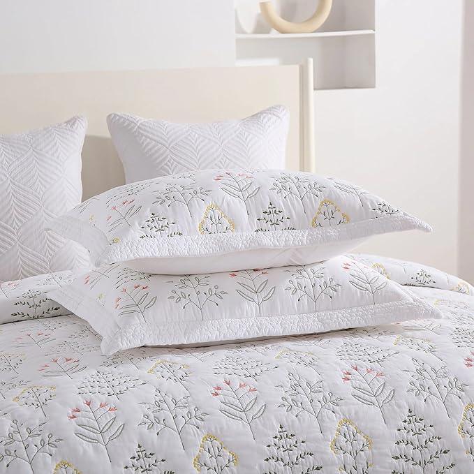 MarCielo 3-Piece 100% Cotton Oversized Bedspread Lightweight Quilt Coverlet Embroidery Farmhouse Bedding Set(TL Floral White,Oversized King (118