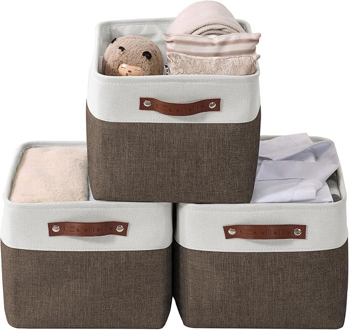 DECOMOMO Storage Bins Fabric Storage Baskets for Shelves, Linen Closet Organization Toys Nursery (Brown and White, Large - 3 Pack)