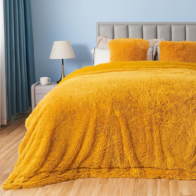 GONAAP Fuzzy Faux Fur Throw Blanket Queen Size Mustard Yellow Super Soft Cozy Plush Fuzzy Shaggy Blanket for Couch Sofa Bed (Mustard Yellow, Queen(90