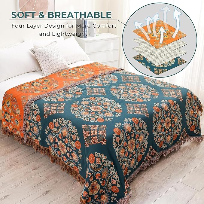 Throw Blanket for Couch Bed Chair,100% Cotton Soft Lightweight Blanket Rustic Quilt -Orange Floral Printed Farmhouse Decor Bed All Season Blankets,90