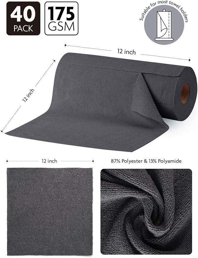 Fantasticlean Microfiber Cleaning Cloth Roll -40 Pack, Tear Away Microfiber Towels, 12