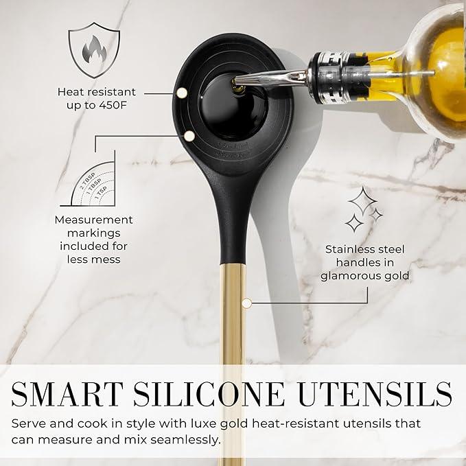 Styled Settings Black and Gold Cooking Utensils Set - 7-Piece Silicone Utensils Set Include Spatula Holder for Nonstick Cookware and Modern Kitchens - Stylish Black and Gold Kitchen Accessories