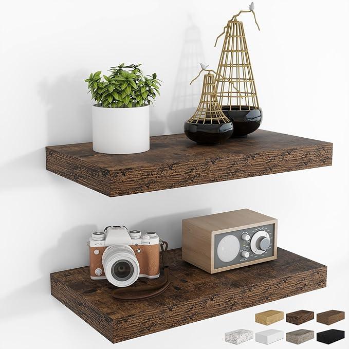 RICHFOCUS 16Inch Floating Shelves for Wall 2 Pack Shelves for Bedroom|Kitchen|Bathroom Wall Mounted Rustic Wood Floating Shelf with Invisible Brackets for Books|Storage|Decor, Rustic Brown