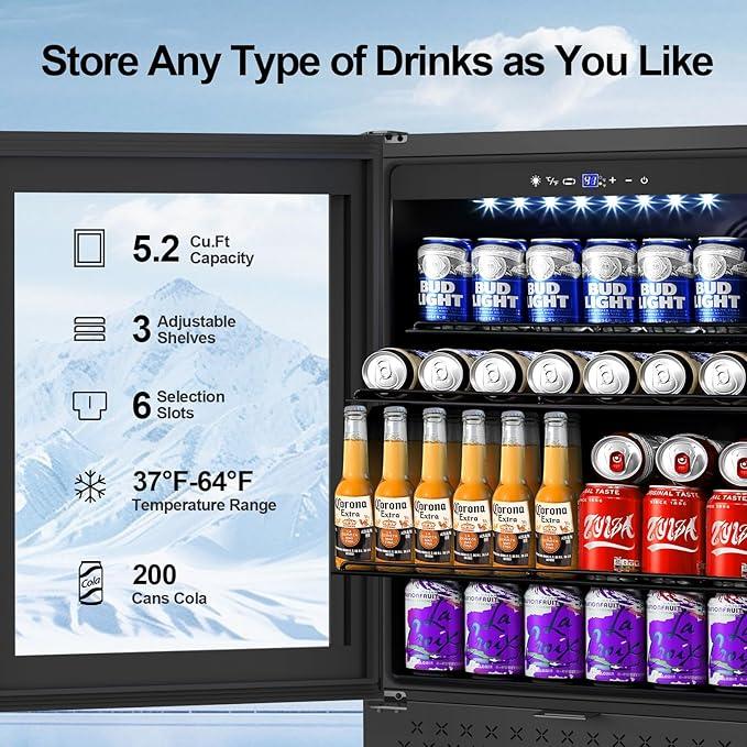 24 Inch Beverage Refrigerator, 5.2 Cu. Ft. Drink Refrigerator with Glass Door, 200 Cans Under Counter & Freestanding Drink Fridge, Reversible Door, Built-In Beverage Cooler for Kitchen, Bar or Office.