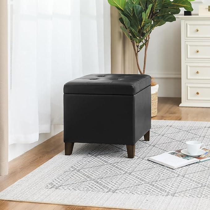 Adeco Faux Leather Storage Ottoman Bench with Solid Wood Legs, 17.7