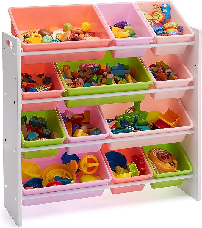 Amazon Basics Kids Toy Storage Organizer With 12 Plastic Bins, White Wood With Pink Bins, 10.9