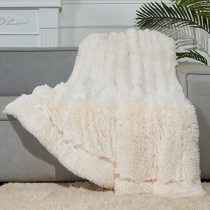 GONAAP Fuzzy Faux Fur Throw Blanket Twin Size Ivory Super Soft Cozy Plush Fuzzy Shaggy Blanket for Couch Sofa Bed (Ivory, Twin(60