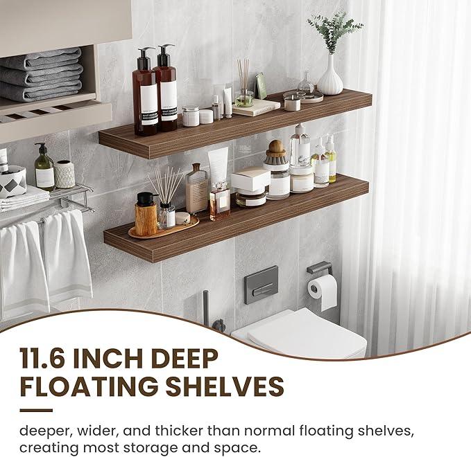 48 Inch Floating Shelves, 12 Inch Deep Floating Shelves for Wall, Floating Shelf with Invisible Brackets, Deep Shelves for Bathroom, Bedroom, Living Room, 1 Pack, Walnut