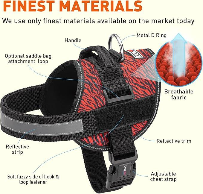 Dogline Dog Harness, Reflective No-Pull Adjustable Vest with Handle for Walking, Training, Breathable, No - Choke Harness for Small, Medium or Large Dogs Room for Patches Zebra Black/Red L 27