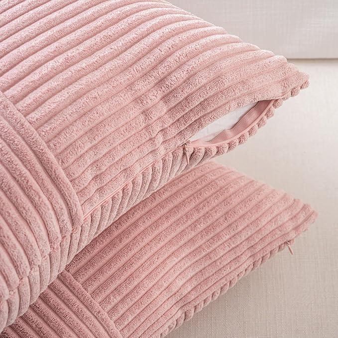 Fancy Homi 2 Packs Blush Pink Lumbar Decorative Throw Pillow Covers 12x20 Inch for Living Room Couch Bed, Rustic Farmhouse Boho Home Decor, Soft Striped Corduroy Rectangle Accent Cushion Case 30x50 cm