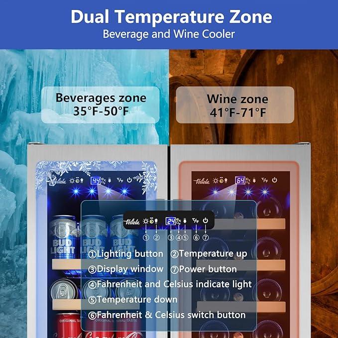 Wine and Beverage Refrigerator,24 Inch Dual Zone Wine Beverage Cooler, Built-in/Freestanding Beer and Wine Fridge with a Powerful Compressor, 20 Bottles and 88 Cans Capacity