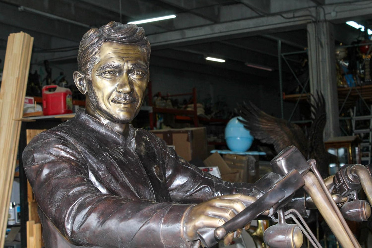 Bronze Sculpture of Man on His Motorcycle Life Size 
 94