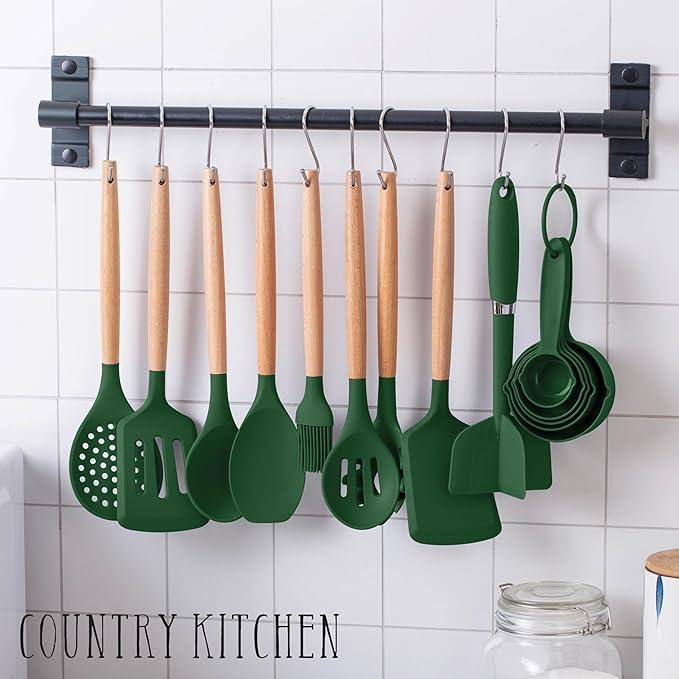 Country Kitchen Non Stick Silicone Utensil Set with Rounded Wood Handles for Cooking and Baking, 38 Piece Set, Green