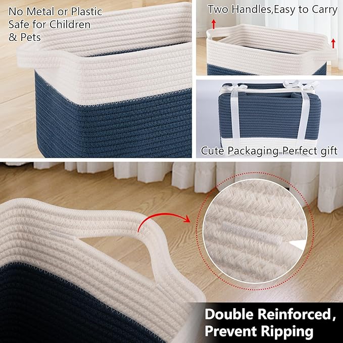 OIAHOMY Storage Baskets - Woven Cotton Rope Baskets for Shelves, Toy Towel Organizer Bins, Pack of 3, Blue & White
