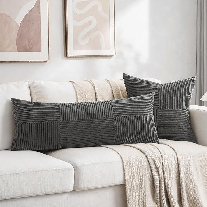 Fancy Homi 2 Packs Dark Gray Decorative Throw Pillow Covers 18x18 Inch for Living Room Couch Sofa, Rustic Farmhouse Boho Home Decor, Soft Corss Corduroy Patchwork Textured Square Cushion Case 45x45 cm