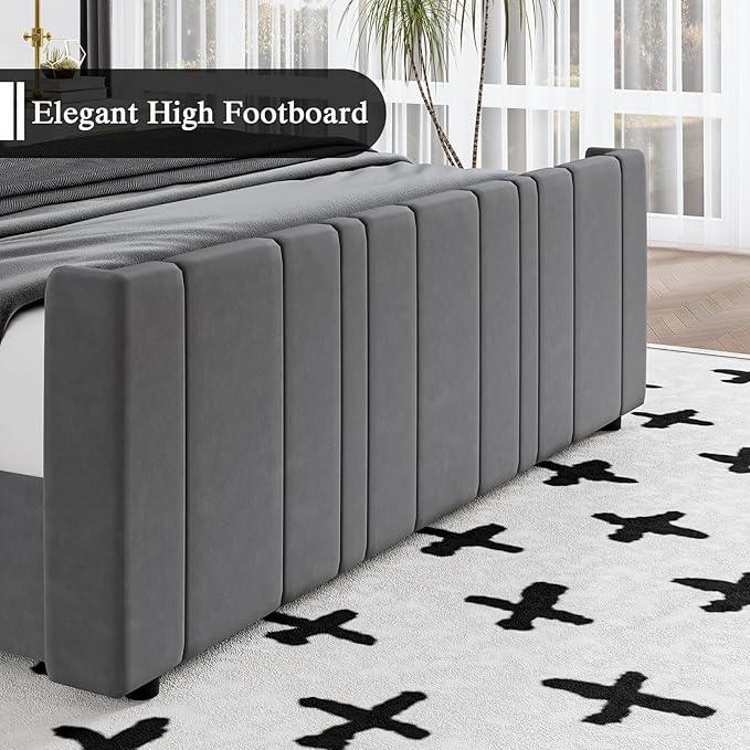 HOMBCK Queen Bed Frame Upholstered Bed with Velvet Headboard & Footboard, Vertical Channel Tufted Design/Wooden Slats/Noise Free/No Box Spring Needed/Easy Assembly, Grey