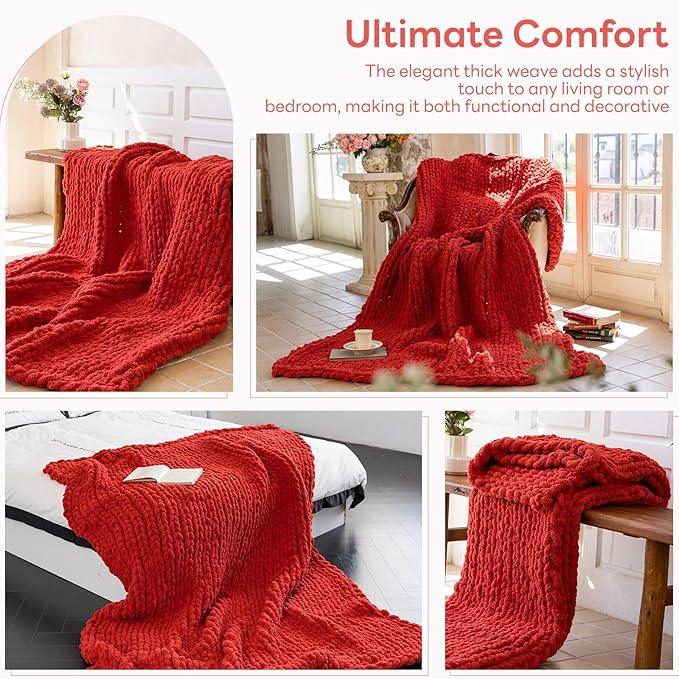 Chunky Knit Blanket - Luxury Soft Cozy Queen Size(50 * 60) Throw Blanket,100% Woven Blanket Rope Knot Throw Blanket for Couch, Sofa, Home Decor, Gift - Machine Washable（Wine red）