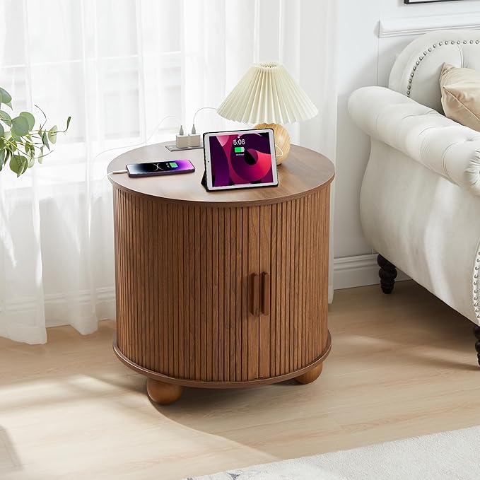 Farmhouse Round End Table with Charging Station, 24