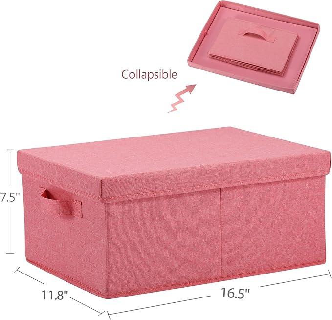 HOONEX Linen Foldable Storage Bins with Lids, 2 Pack, Storage Boxes with Carrying Handles and Sturdy Heavy Cardboard, 16.5