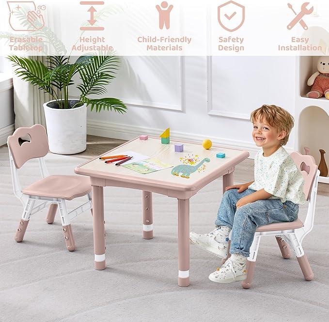 Kids Table and 2 Chairs Set, Height Adjustable (17.7