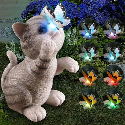 Cat Garden Statue Outdoor Solar Decorations Butterfly Light Figurine Color Changing LED Lights Resin Sculpture Art Decor Patio Lawn Yard Housewarming Gifts for Women Grandma Mom