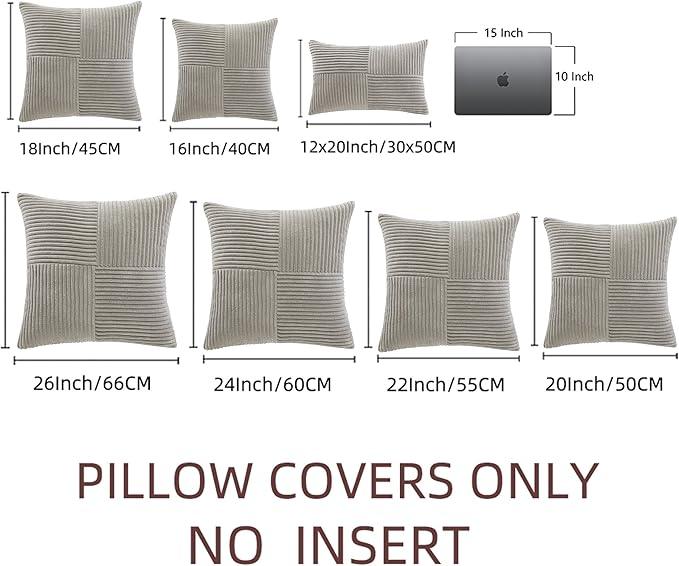 Fancy Homi 2 Packs Neutral Grey Decorative Throw Pillow Covers 16x16 Inch for Living Room Couch Bed, Rustic Farmhouse Boho Home Decor, Soft Corss Patchwork Corduroy Textured Square Cushion Case 40cm