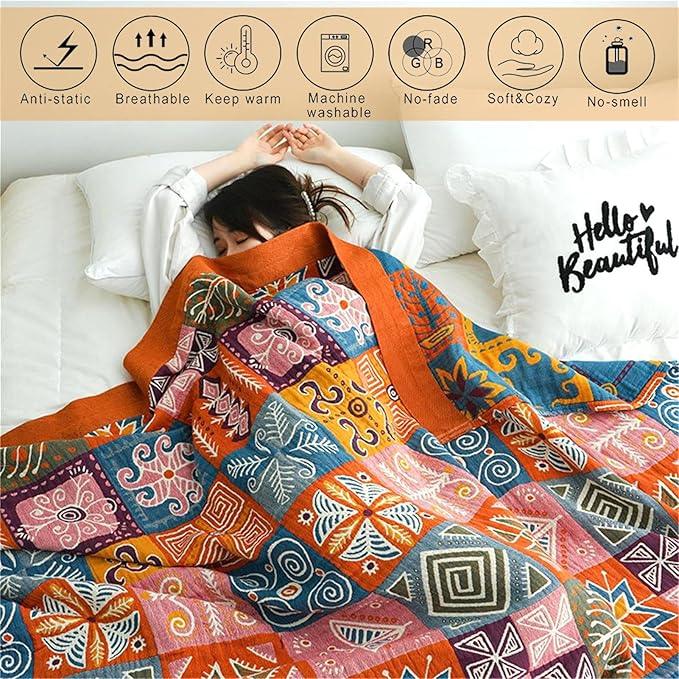 Cotton Throw Boho Blanket for Couch Bed,Cotton Quilted Boho 80''x90'' Muslin Blankets Travel Mexican Super Soft Blanket