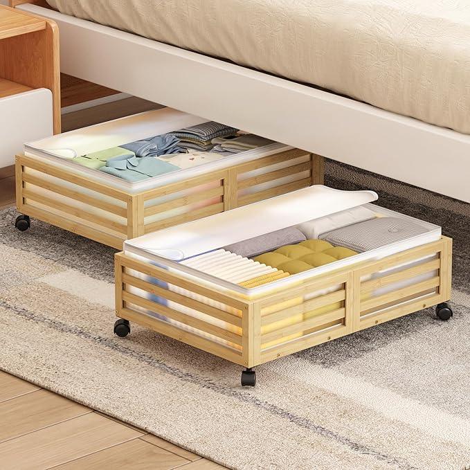Under Bed Storage with Wheels-Large Bamboo Underbed storage Containers with Large Dust Bag Stackable Under the Bed Shoe Storage Bins for Clothes Books Bedding (2 Packs Nature, 23.62