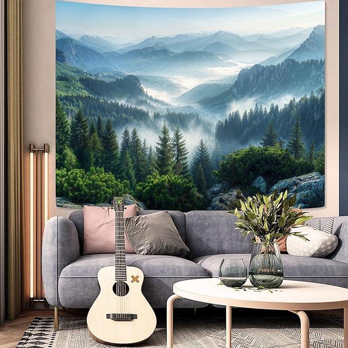 AMM Nature Forest Mountain Tapestry Green Misty Pine Tree Tapestry for Bedroom Aesthetic Foggy Woodlands Sky Landscape Tapestries Wall Hanging for Living Room Dorm 60 x 44 Inch