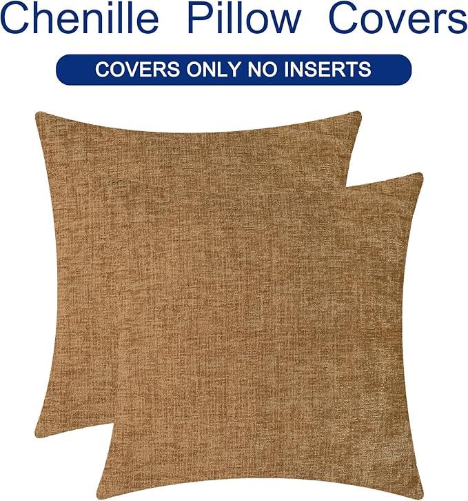 CaliTime Throw Pillow Covers Decorative 22 X 22 Inches Pack of 2 Cozy Chenille Cushion Cases for Couch Sofa Bed Living Room Home Apricot Brown