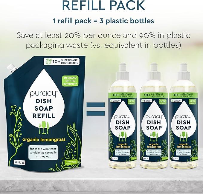Puracy Natural Dish Soap Packs - Skin-Softening Plant-Based Dishwashing Soap, Non-Toxic Dish Soap, Organic Liquid Dishwashing Detergent Soap (Organic Lemongrass, 16 fl oz, 3 Pack)