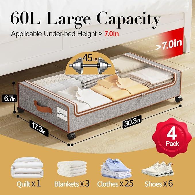 Yecaye Under Bed Storage with Wheels, 4 Pack Under Bed Storage Containers with Clear Lids & Label, XXL Large Lapacity Rolling Under Bed Drawers for Clothes, Shoes, Blankets