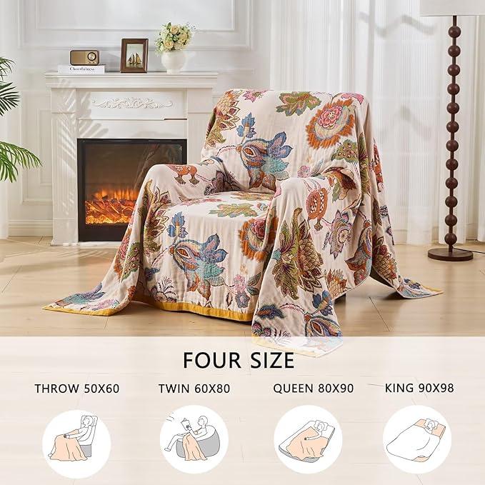 Boho Throw Blanket Reversible Muslin Bohemian Tapestry, Flower Decorated Bohemian Sofa Blanket, Lightweight Breathable 100% Cotton Throw Blanket, Chair Blanket, 50