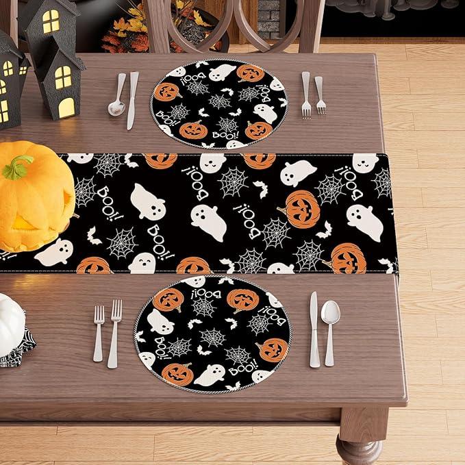 XCHI Boo Spooky Ghost Pumpkin Halloween Round Placemats Set of 4 Table Mats Table Decorations 14x14 Inch