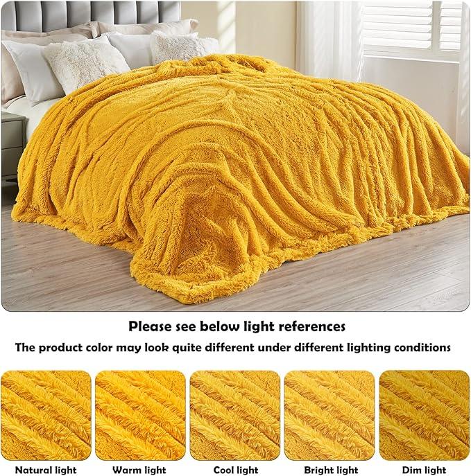 GONAAP Fuzzy Faux Fur Throw Blanket Queen Size Mustard Yellow Super Soft Cozy Plush Fuzzy Shaggy Blanket for Couch Sofa Bed (Mustard Yellow, Queen(90