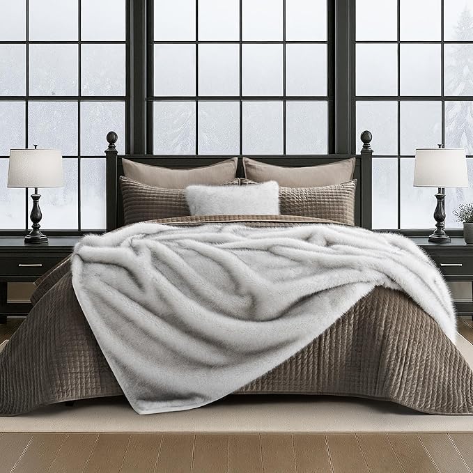 Luxury Faux Fur Throw Blanket, Soft Fluffy Faux Mink Blankets for Bed, Couch, Sofa, Thick Cozy Plush Warm Fur Throws with Reversible Velvet, Frosted White Wolf, 60