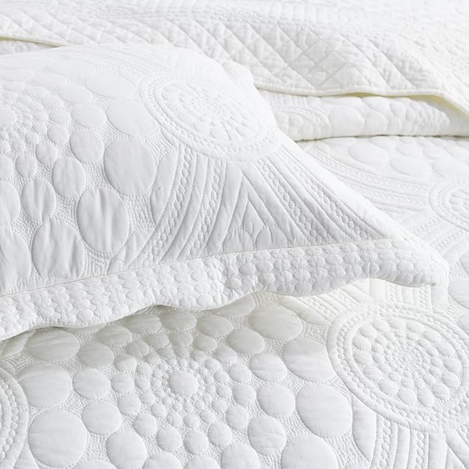 MarCielo 3-Piece 100% Cotton Oversized Bedspread Lightweight Quilt Coverlet Embroidery Farmhouse Bedding (Tf Bright White, Oversized King (118