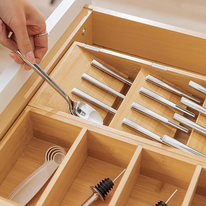 Premium Cutlery, Flatware, and Silverware Drawer Organizer – Slanted 3-Compartment Design with Labeled Slots, Non-Slip Feet, 100% Sustainable Bamboo