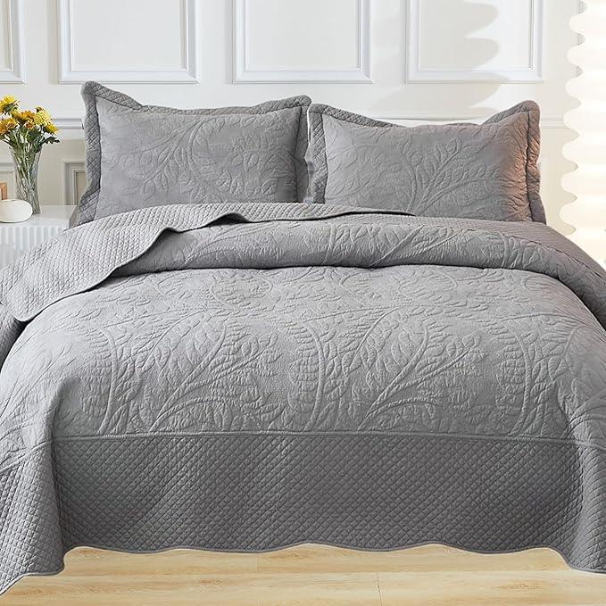 MarCielo 3-Piece 100% Cotton Oversized Bedspread Lightweight Quilt Coverlet Embroidery Farmhouse Bedding Set T0 (Light Grey, Oversized King (118