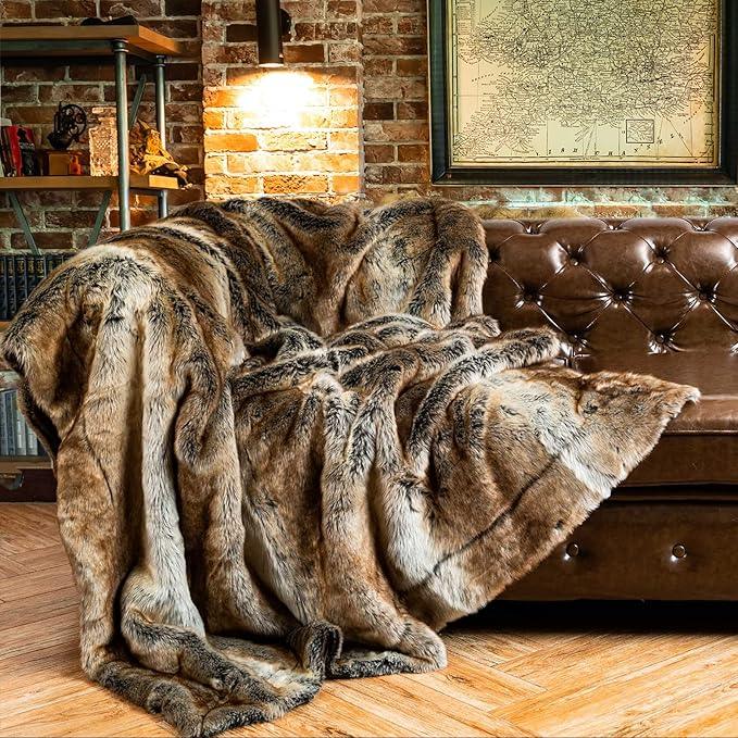 BATTILO HOME Luxury Brown Faux Fur Blanket Thick Warm Elegant Cozy Fuzzy Throw for Couch, Bed, Sofa Fluffy Blankets Decorative Reversible to Plush Velvet, 50