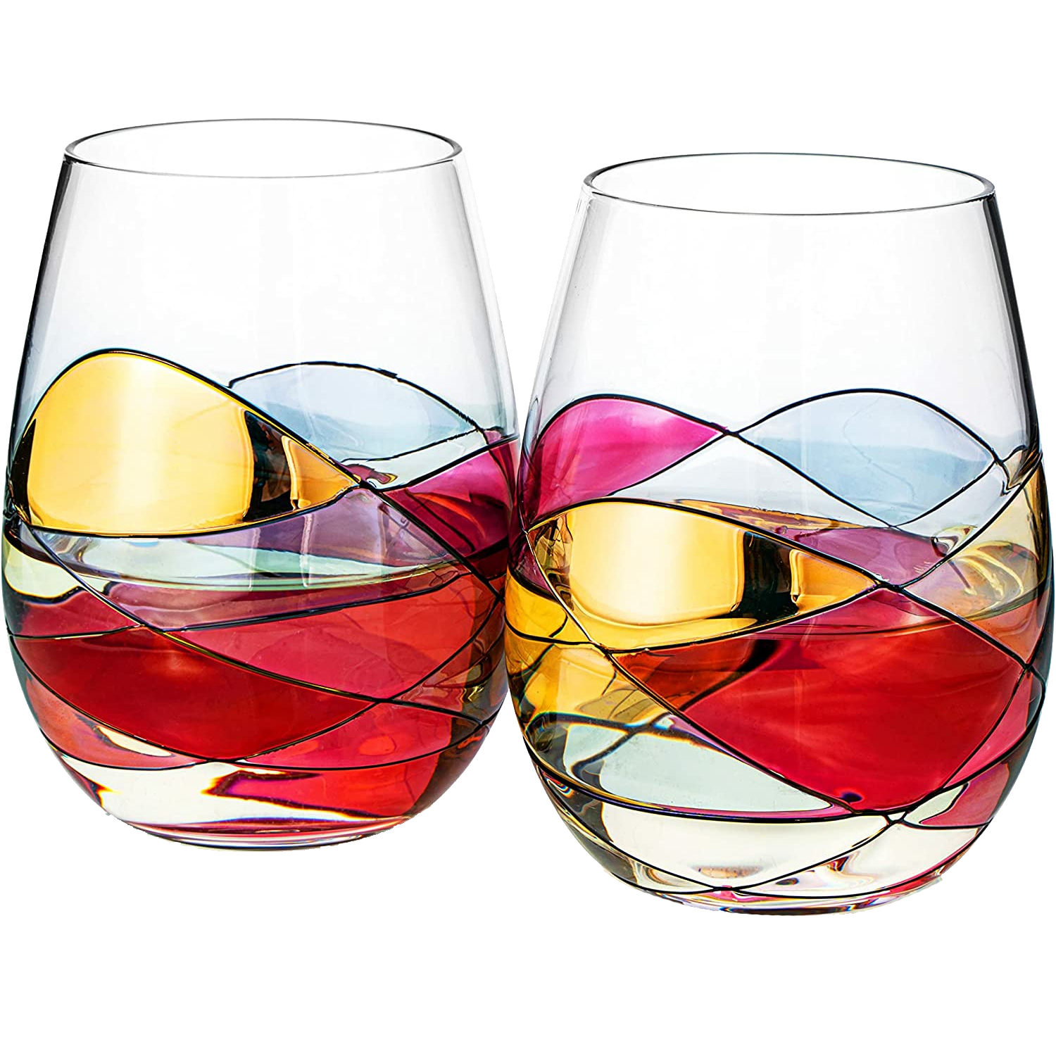 Artisanal Hand Painted Stemless - Gift for Mom, Friends, Girlfriends, Renaissance Romantic Stain-glassed Windows Wine Glasses Set of 2 - Gift Idea for Birthday, Housewarming - Extra Large Goblets