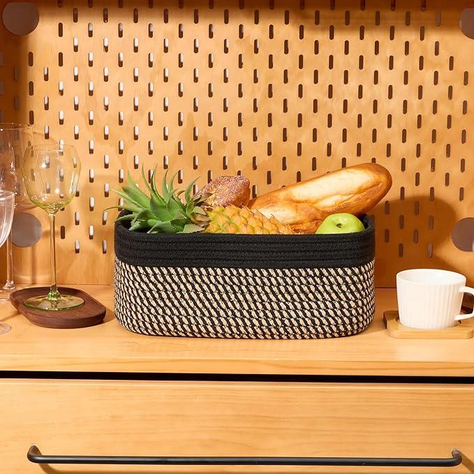 Small Storage Baskets for Organizing | Closet Organizer Bins | Shelf Toy Basket | Woven Rope Baskets | Cube Decorative Box | Shallow Basket | 13x8.5x5.1” | 4 Packs Black Brown